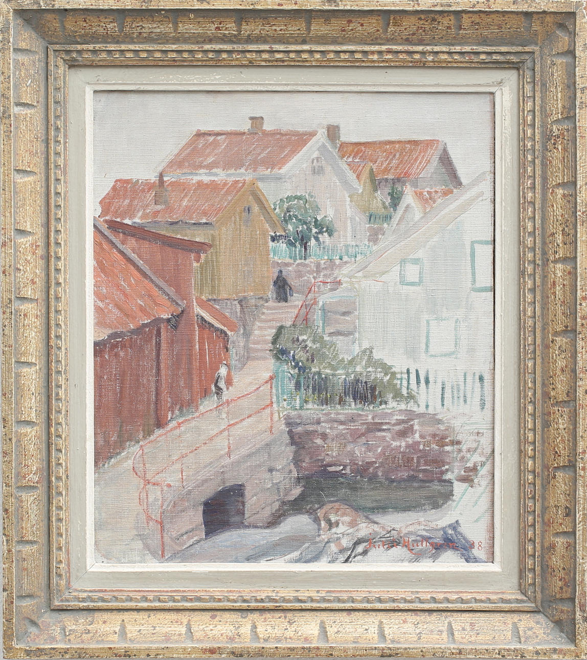 JULIE HULLGREN. "Gata, västkusten (Gullholmen)". Olja på pannå, signerad och daterad 38.