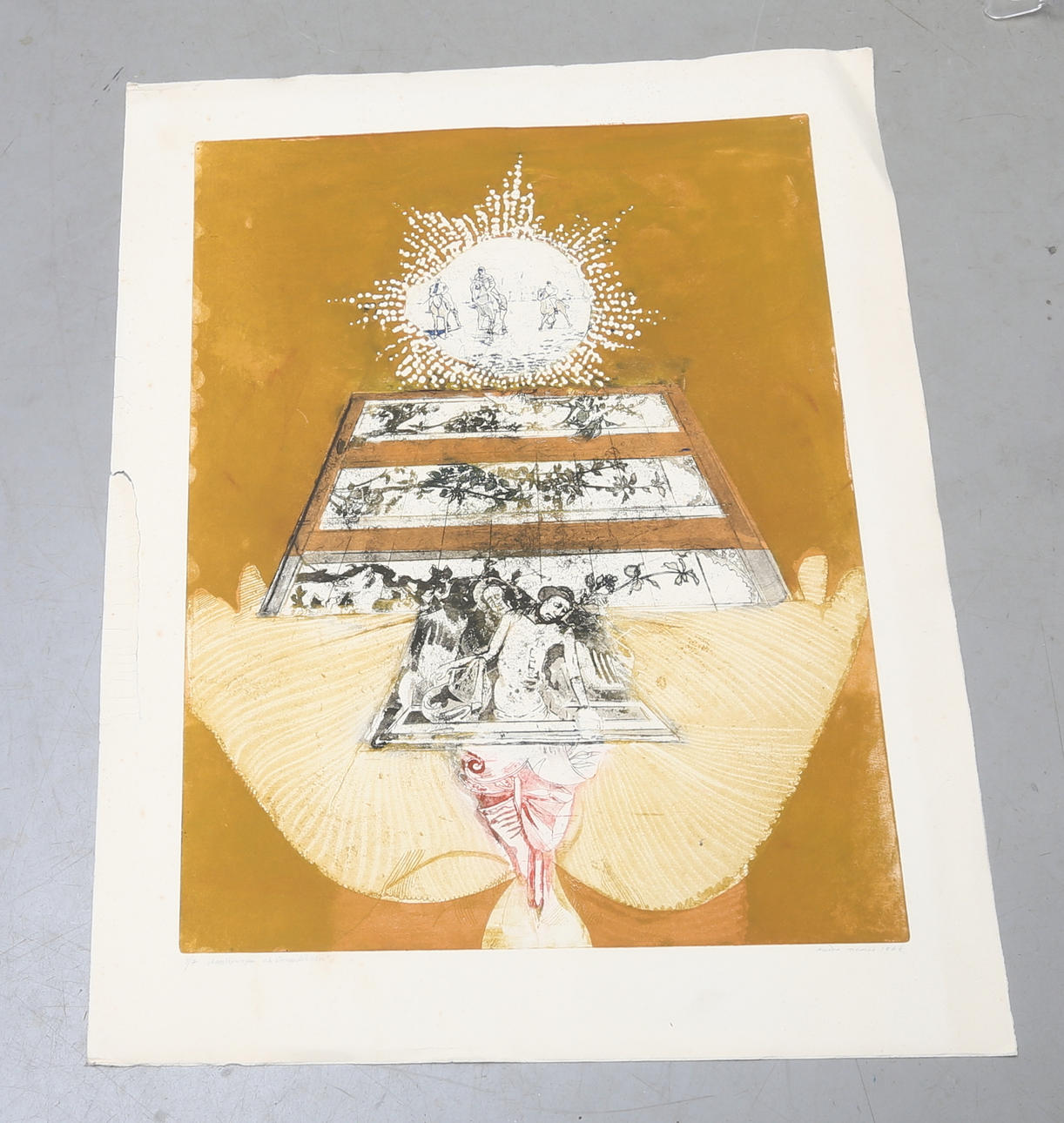 ENDRE NEMES. Färglitografi, "kapplöpningen och återuppståndelsen", signerad, numrerad 4/7 och daterad 1968.