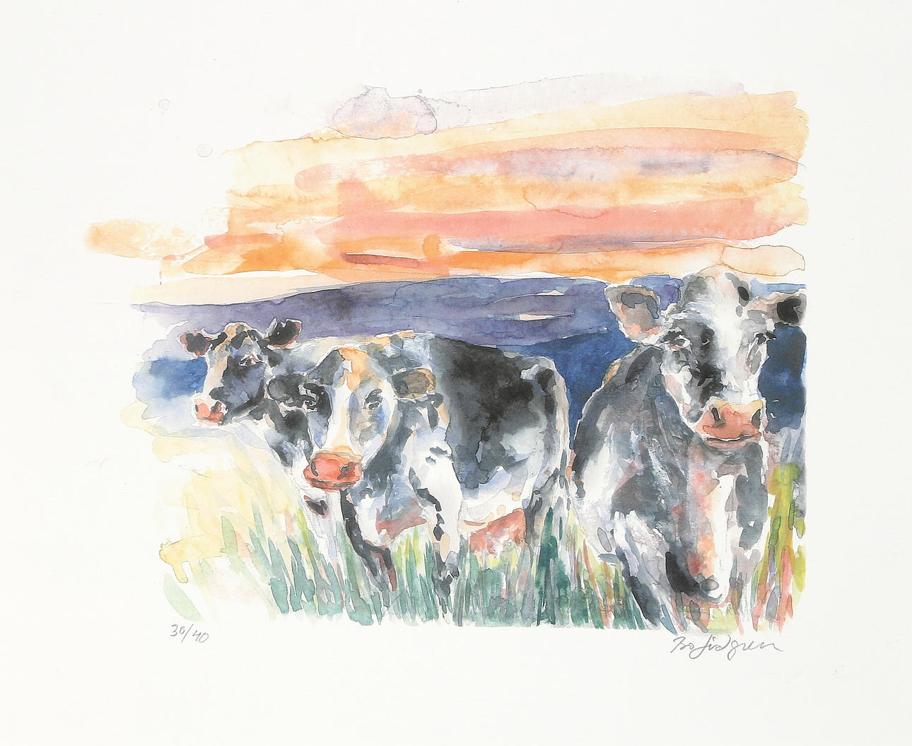 BO LIDGREN. "Fjällkossor", färglitografi, signerad och numrerad 30/40.