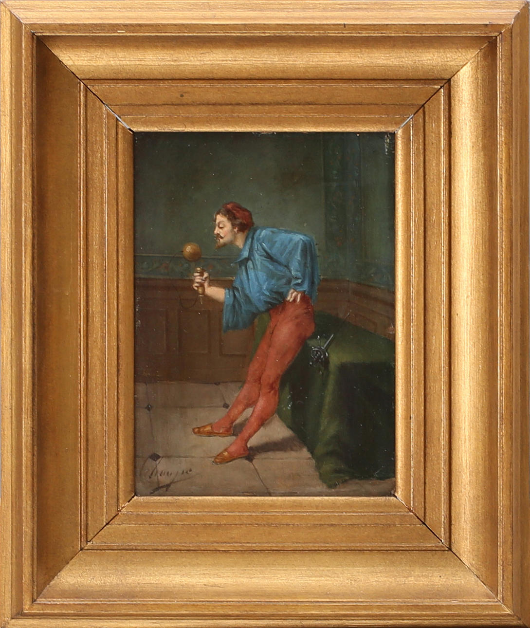 OIDENTIFIERAD KONSTNÄR. kopia efter, olja på pannå, man med bilboké, 1900-tal.