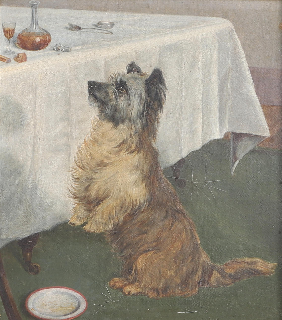 ATTRIBUTED TO CLÉMENT BURLISON (1815-1899). A BEGGING CAIRN TERRIER BEFORE A DINING TABLE.