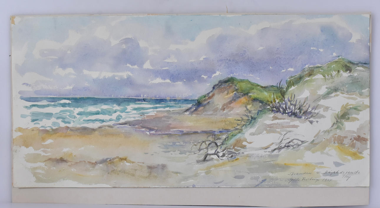 GRETE FRISTRUP. akvarell uppklistrad på papper, strandmotiv från Thy.