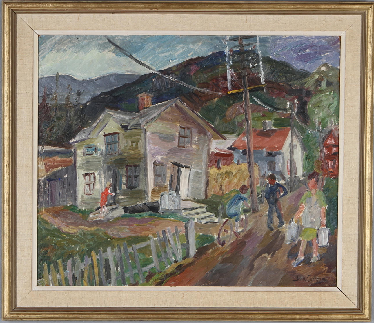JOHN CARLSSON. Bygata, olja på pannå, signerad.