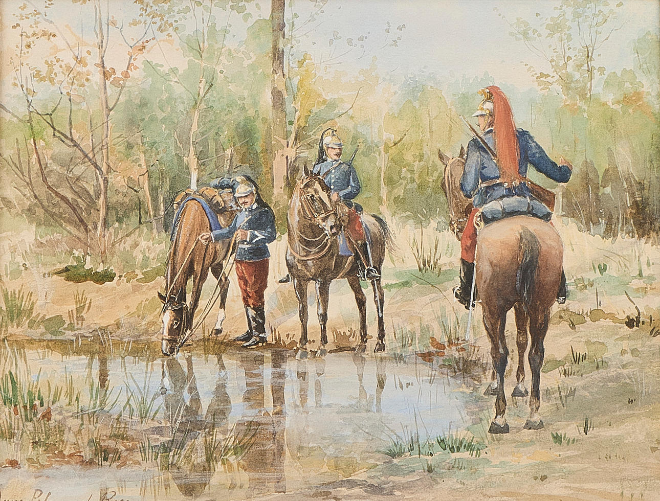 ANNA PALM DE ROSA. Watercolour, cavalrymen at a watering hole.