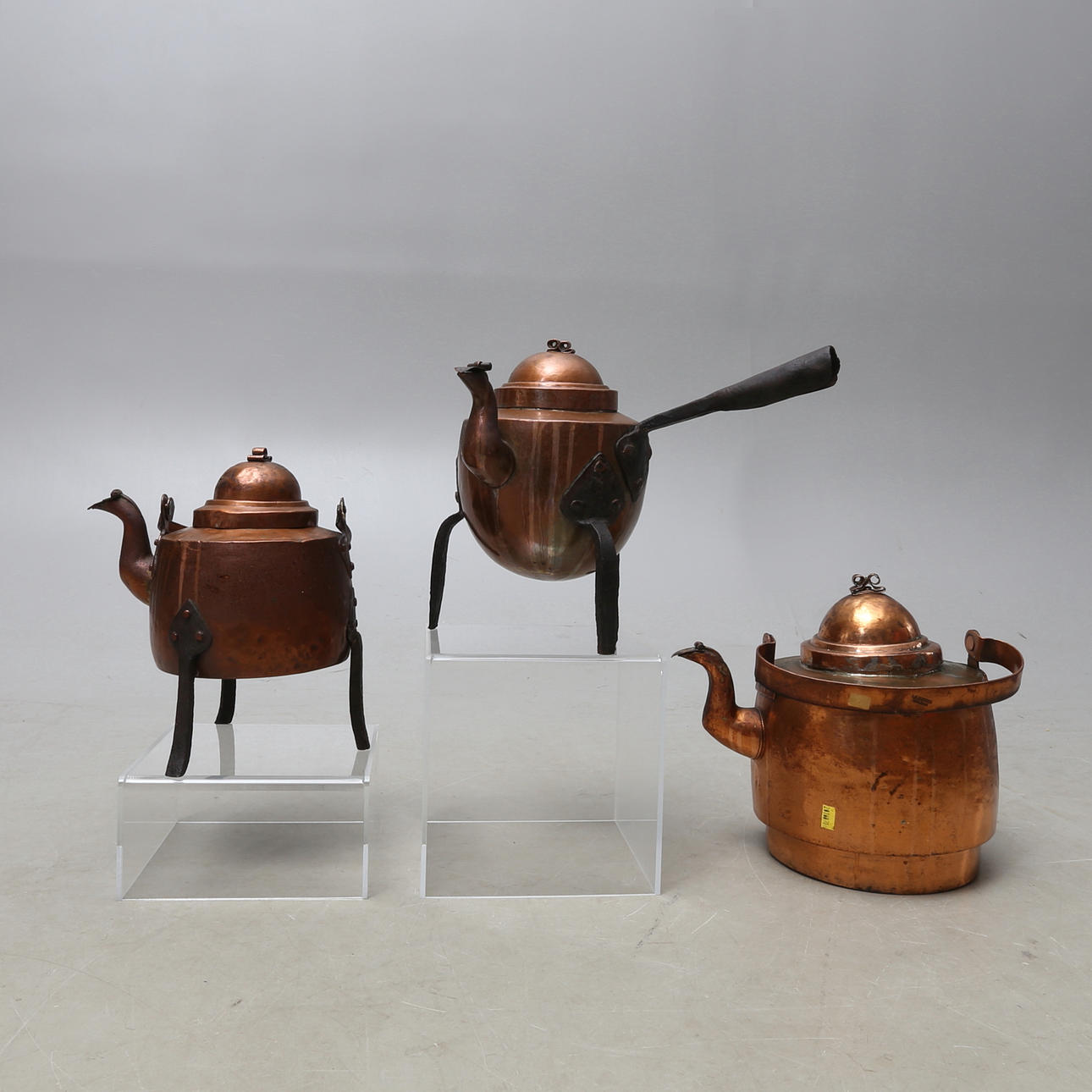 KAFFEPANNOR, 3 st, koppar, bland annat A W Blomgren, Borlänge, 1800/1900-tal.