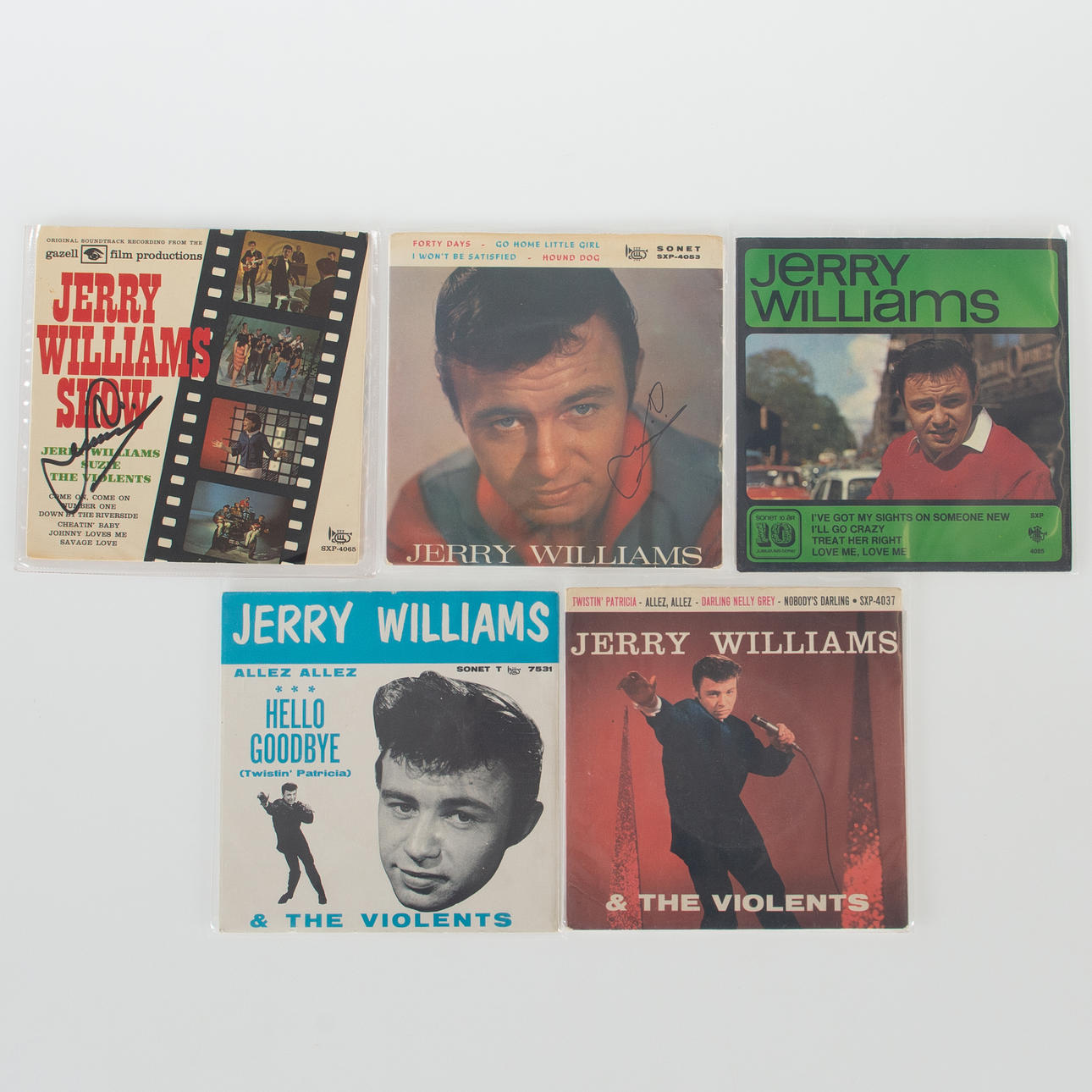 JERRY WILLIAMS. Singlar 7", 5 stycken, delvis signerade.