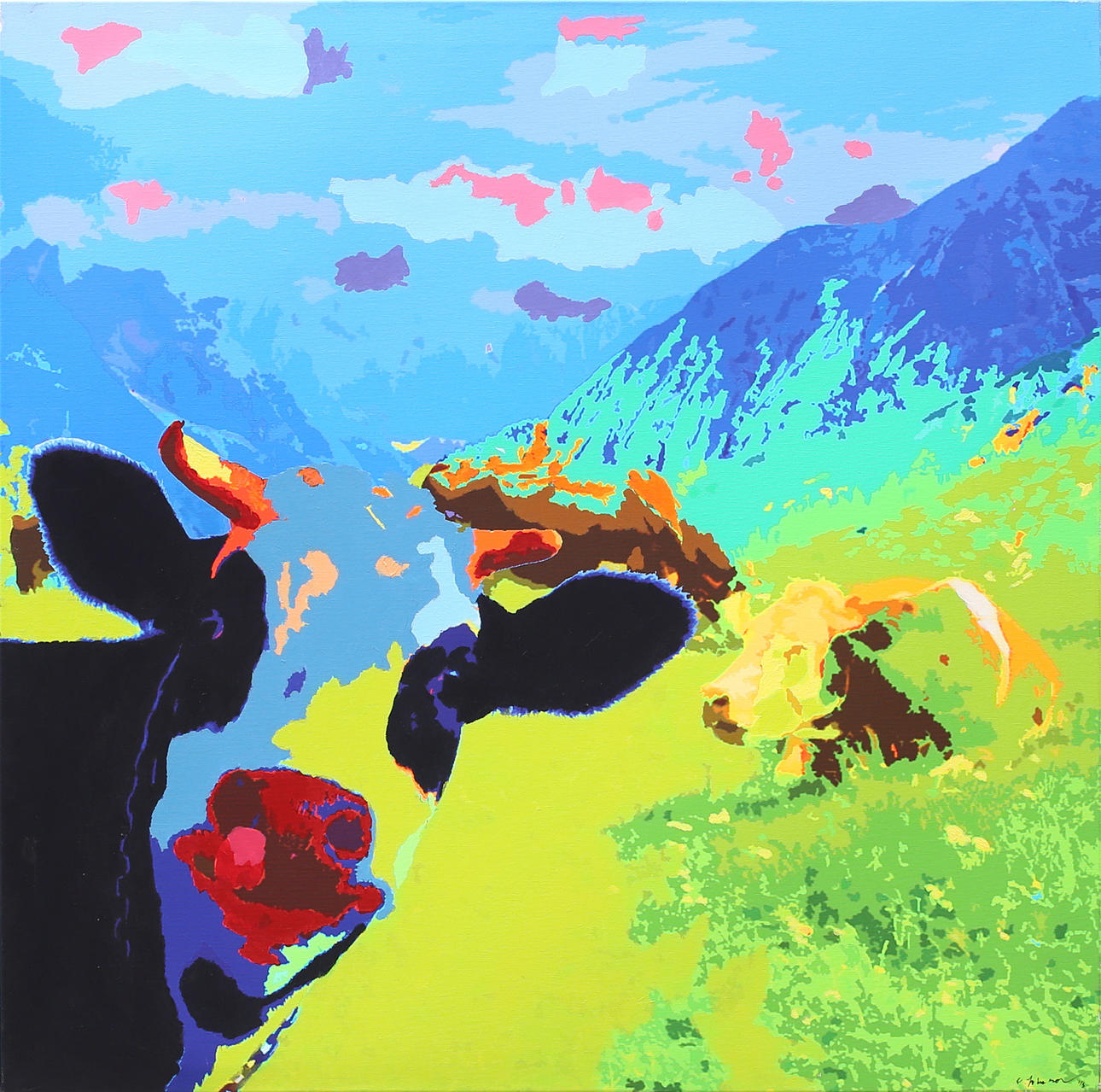 CATRIN JOHANSSON. Kor i landskap, mix media 1/3, signerad C Johansson.