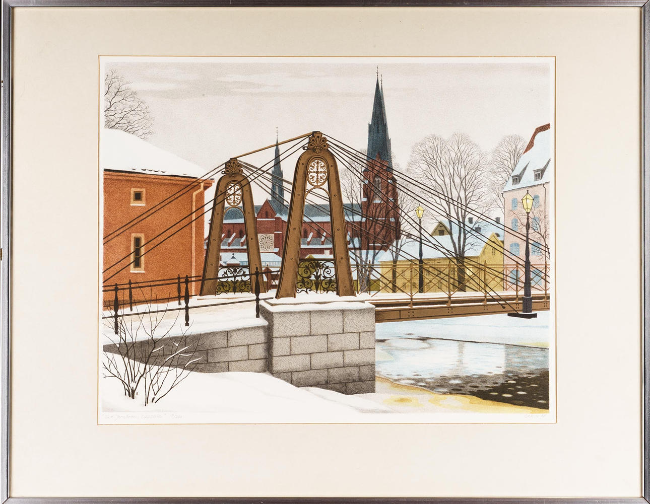 CARIN AX. Färglitografi, "Vid Jernbron, Uppsala", Signerad, Numrerad: 19/250.