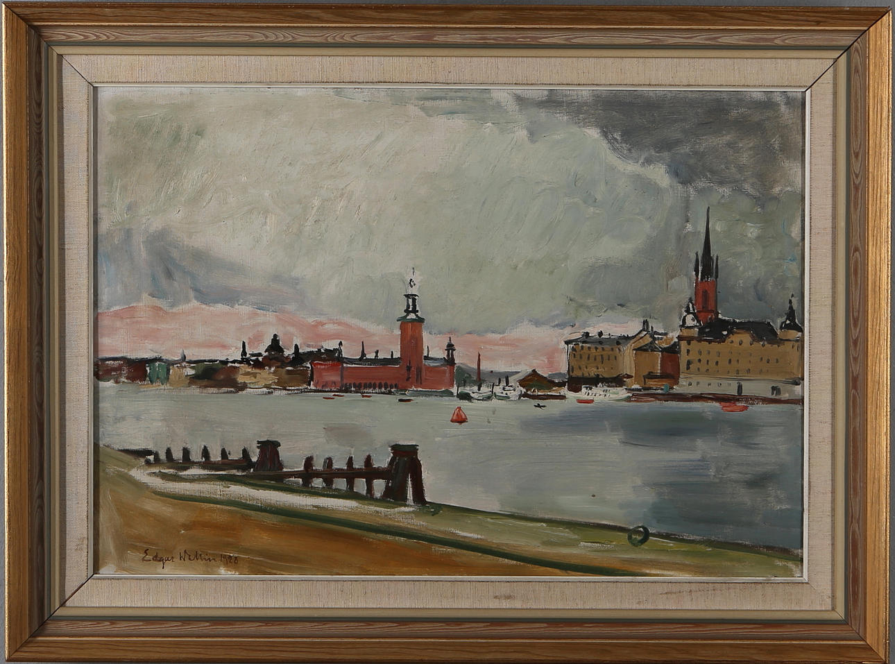 EDGAR WALLIN. Stockholmsmotiv med stadshuset, olja på duk, signerad och daterad 1928.