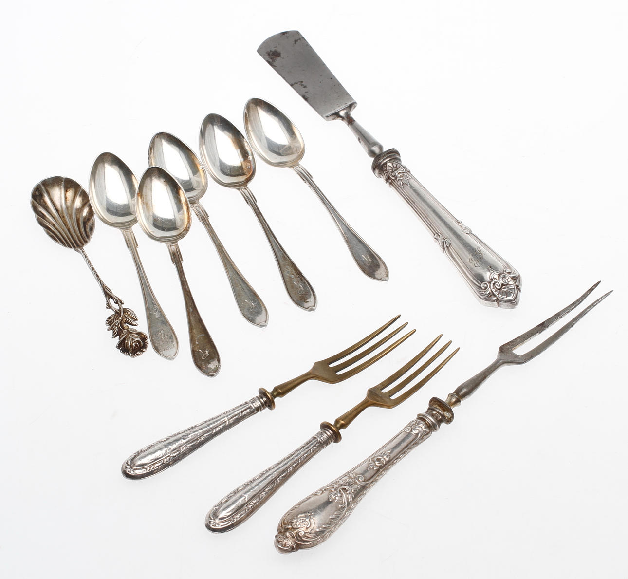 BESTICK, silver, nysilver och stål. SILVERSKEDAR, 6 st, vikt ca 74,3 gram.