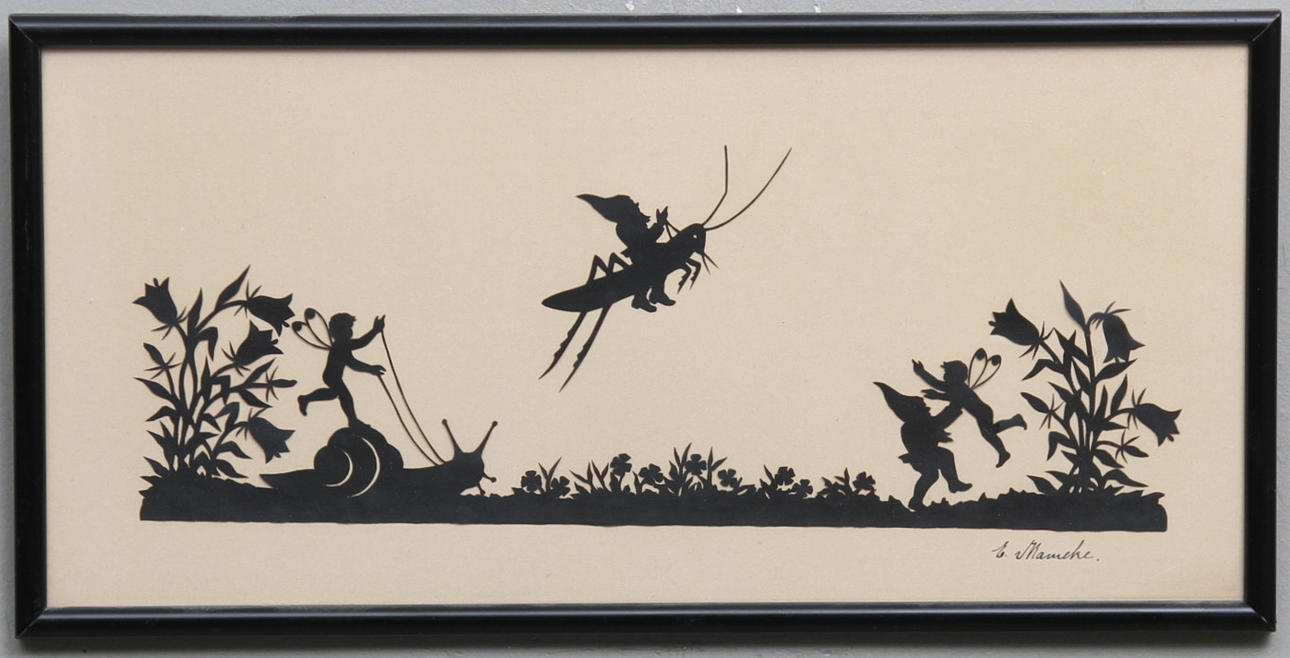 SILUETTKLIPP. Motiv med tomtar och syrsor. Signerat.