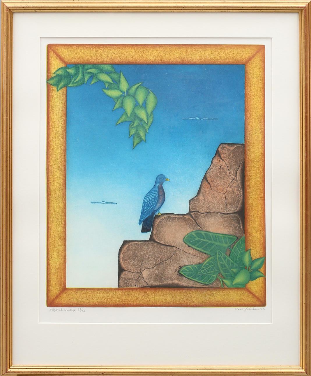 HANS JOHNFORS. Fågel i landskap, färgetsning nr 35/90, signerad och daterad 1990.