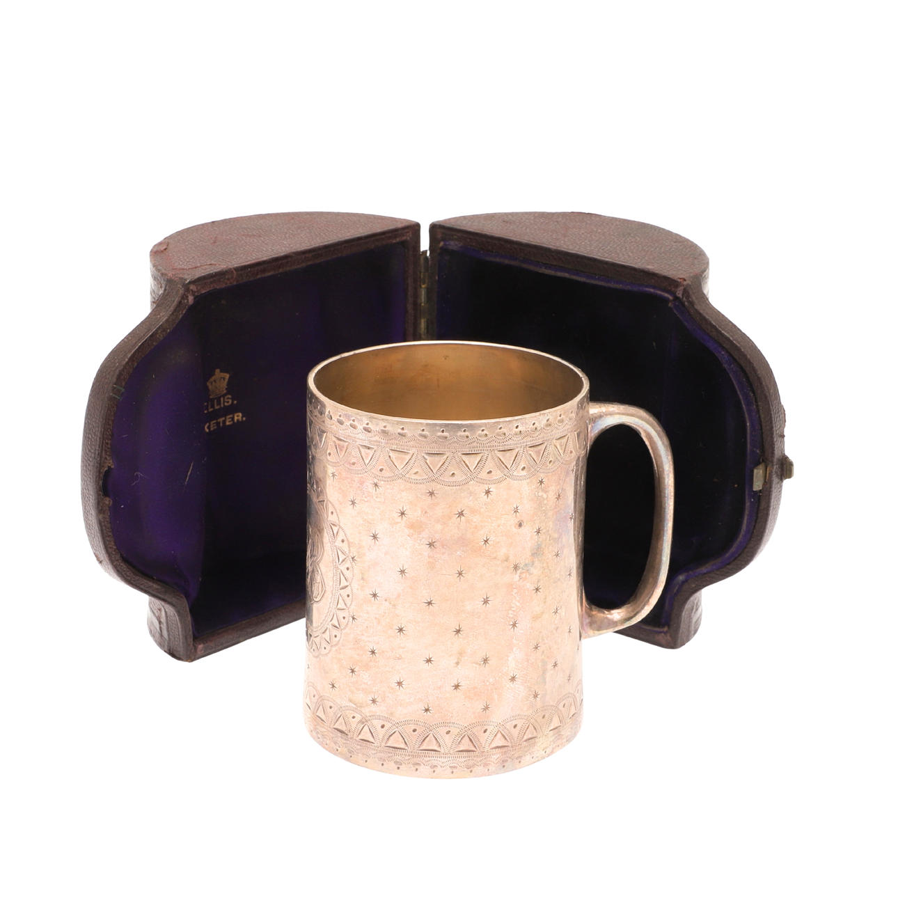 A VICTORIAN CASED SILVER CHRISTENING MUG.