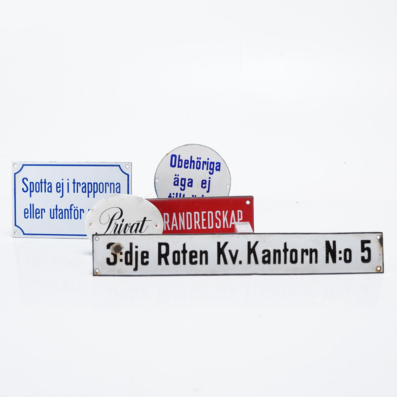 ENAMEL SIGNS, 5 pcs, 1920s and later.