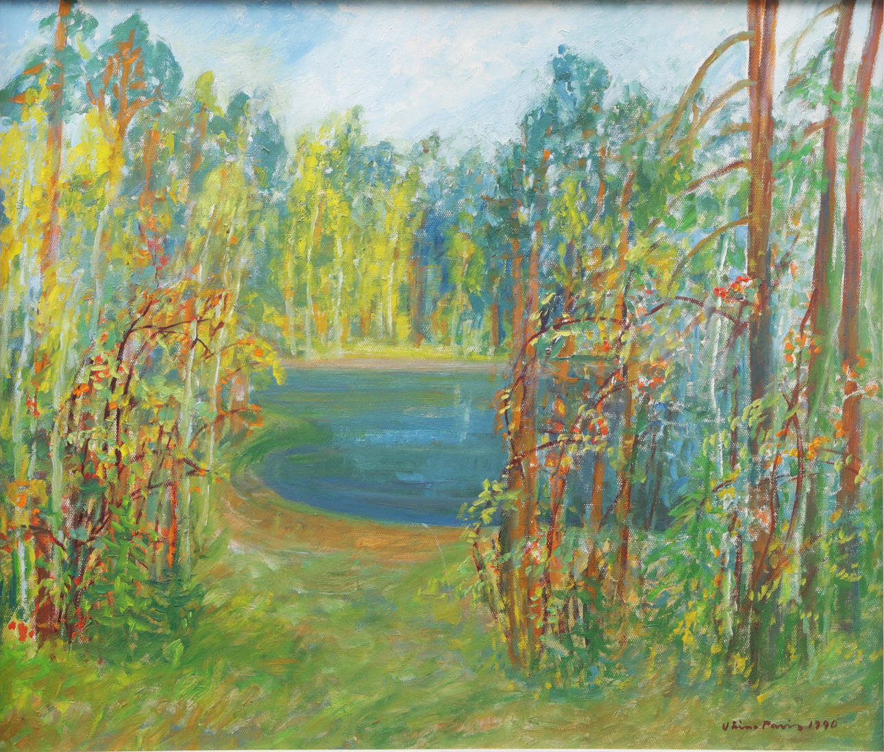 VELI KOLJONEN. OIL, on panel "METSAJÄRV" signed, 1990.