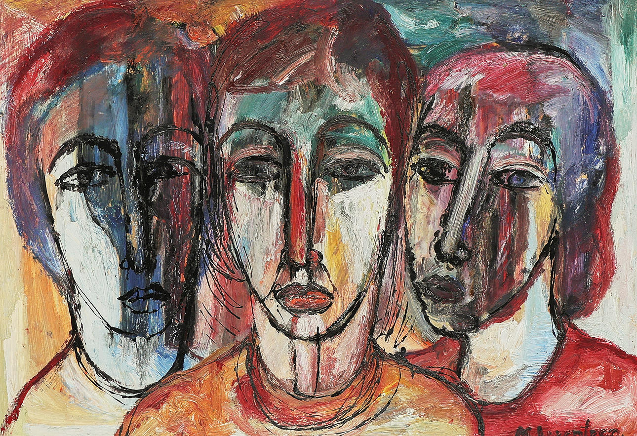MONICA LORENTZON. Oil painting, signed, panel, three faces.
