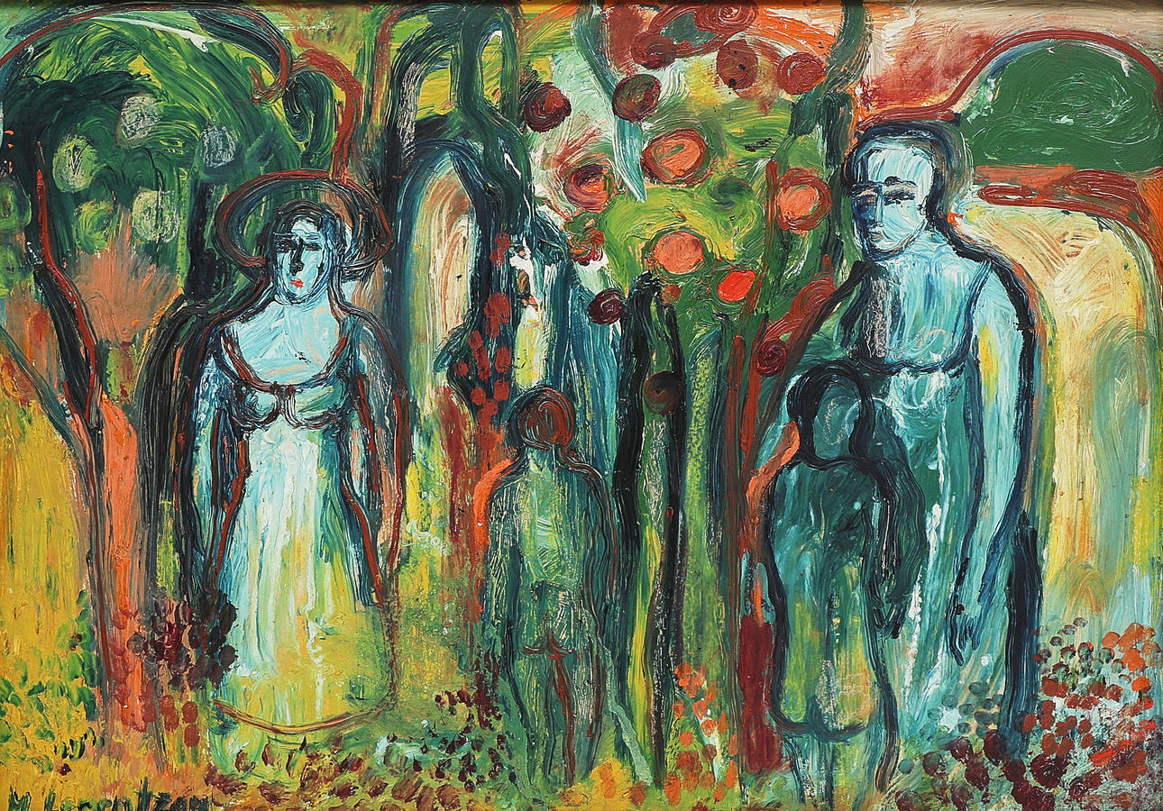 MONICA LORENTZON. Oil painting, signed, panel, figures.