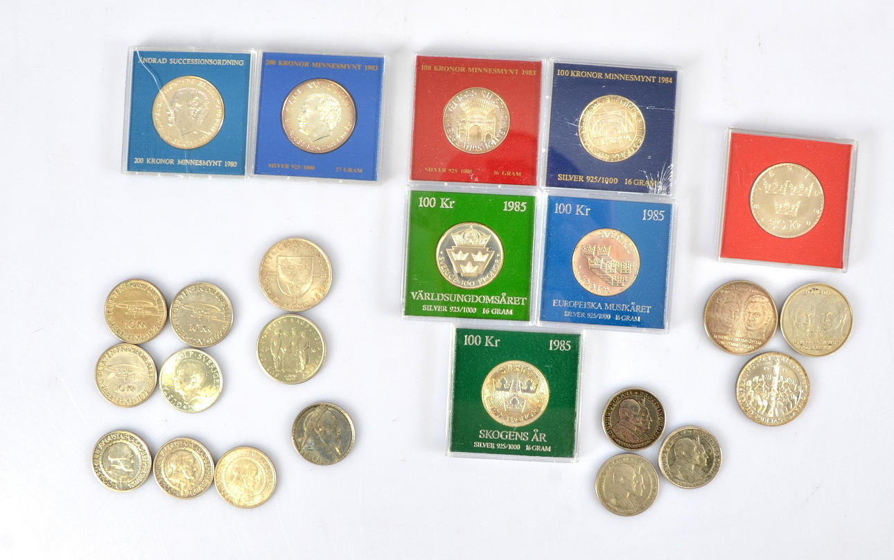 MYNTSAMLING, silver, samt JUBILEUMSMYNT, 1900-tal.