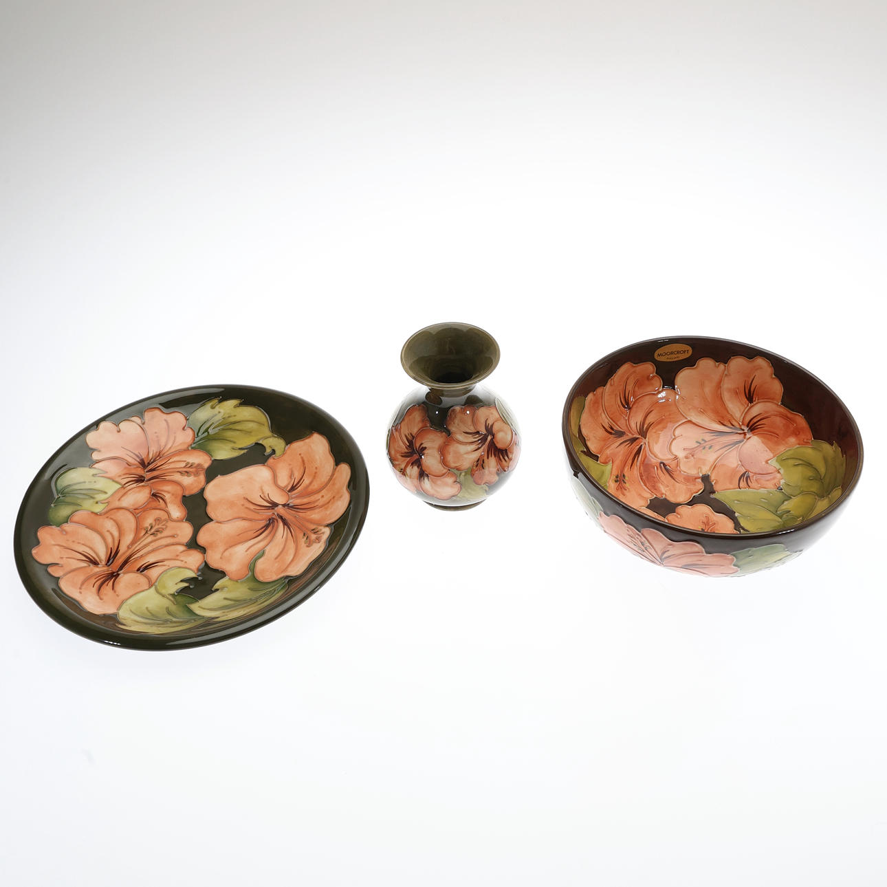 WALTER MOORCROFT HIBISCUS PATTERN VASE, AND 2 OTHER MOORCROFT HIBISCUS PATTERN PIECES.
