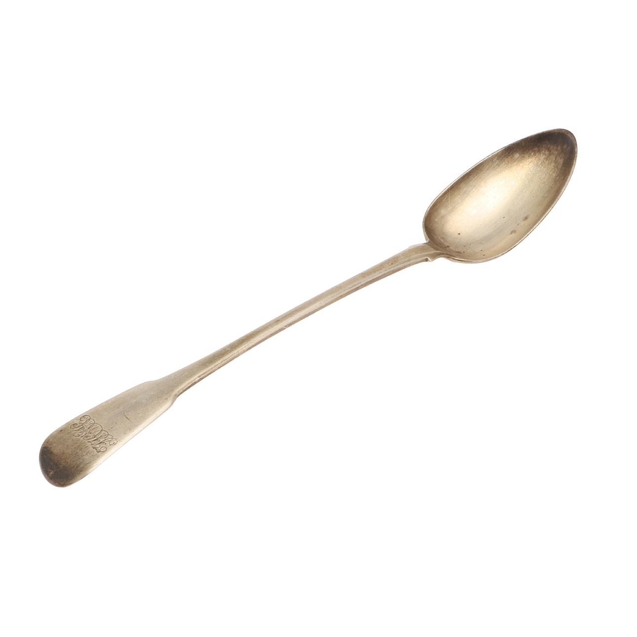 A GEORGE III SILVER FIDDLE PATTERN BASTING SPOON.