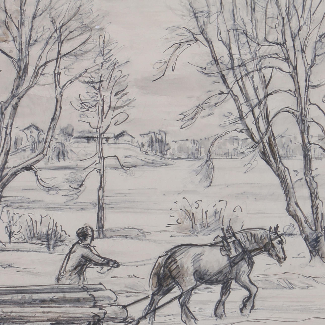 JOHAN AHLBÄCK. Tusch, man på släde, signerad.