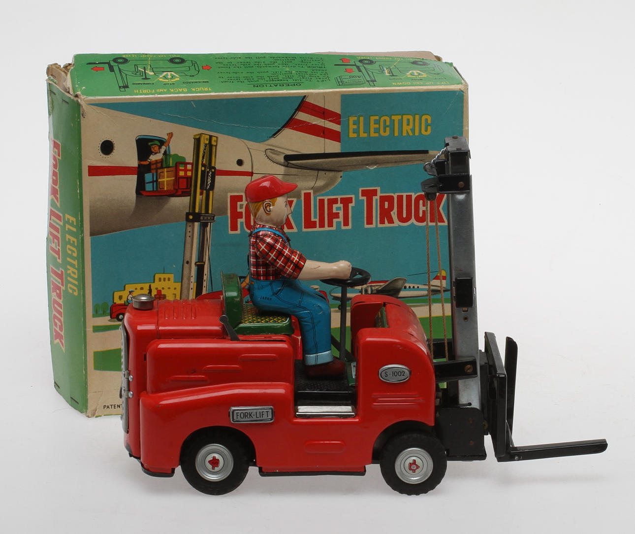 GAFFELTRUCK i plåt "ELECTRIC FORK LIFT TRUCK" MODERN TOYS JAPAN, originalkartong.