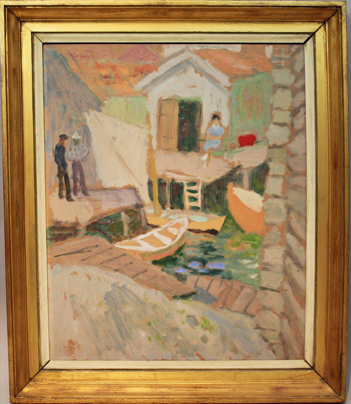 GERHARD KARLMARK. Motiv från fransk fiskehamn. Olja på pannå. Signerad Karlmark.
