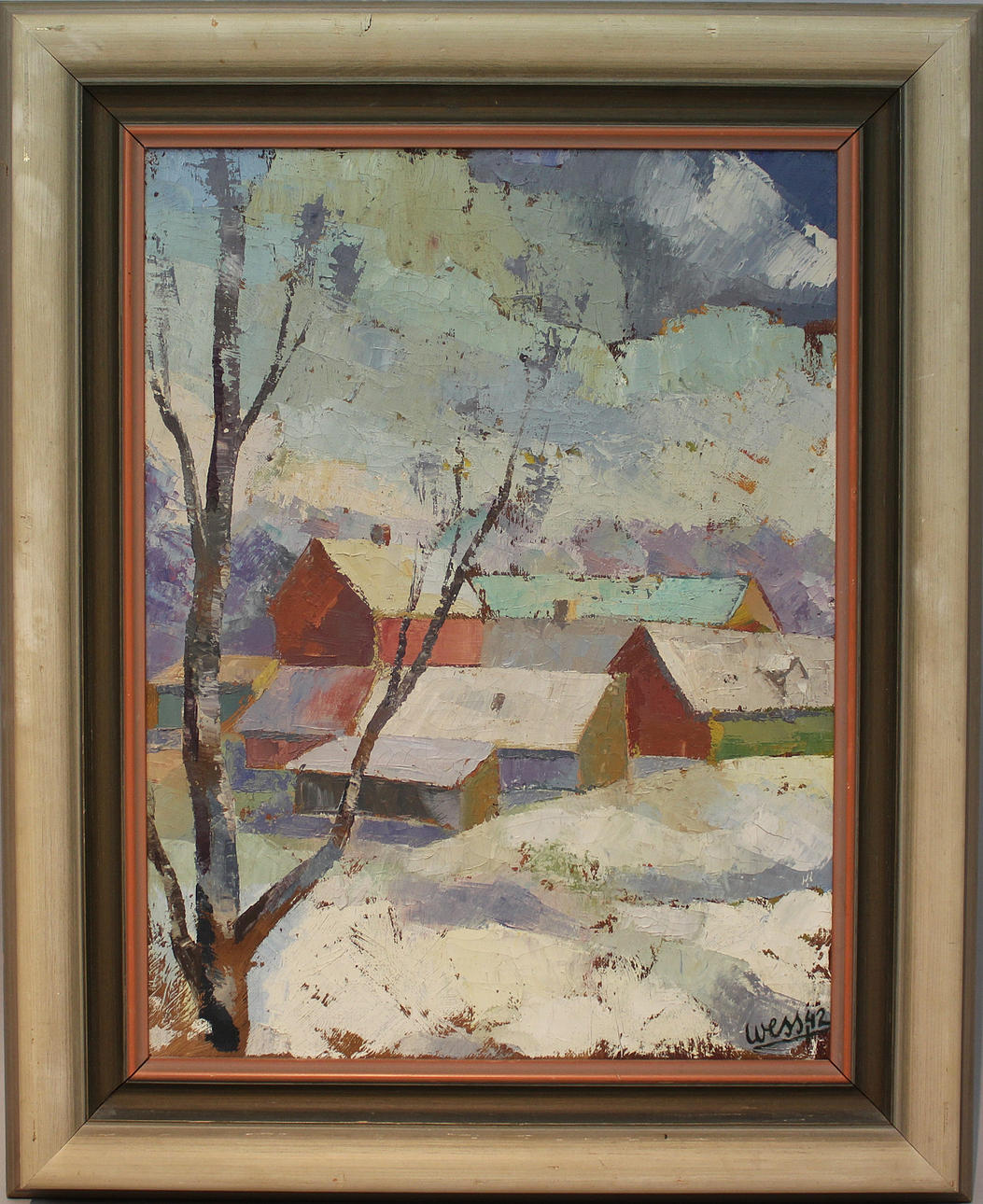 OWE WESSBORN. Vinterlandskap med hus. Olja på duk. Signerad Wess och daterad -42.