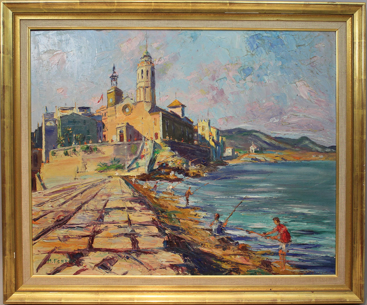 OIDENTIFIERAD KONSTNÄR. FIskare vid kaj. Olja på pannå. Signerad M Ferrer.