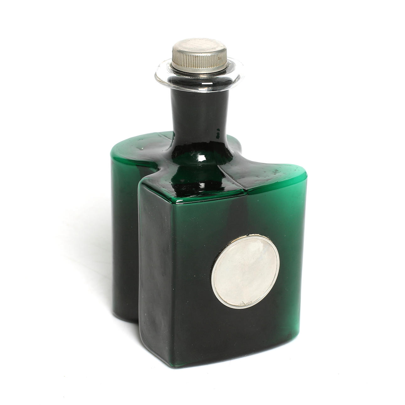 KARAFF, glas med tennplackett av Just Andersen, Holmegaard, Danmark.