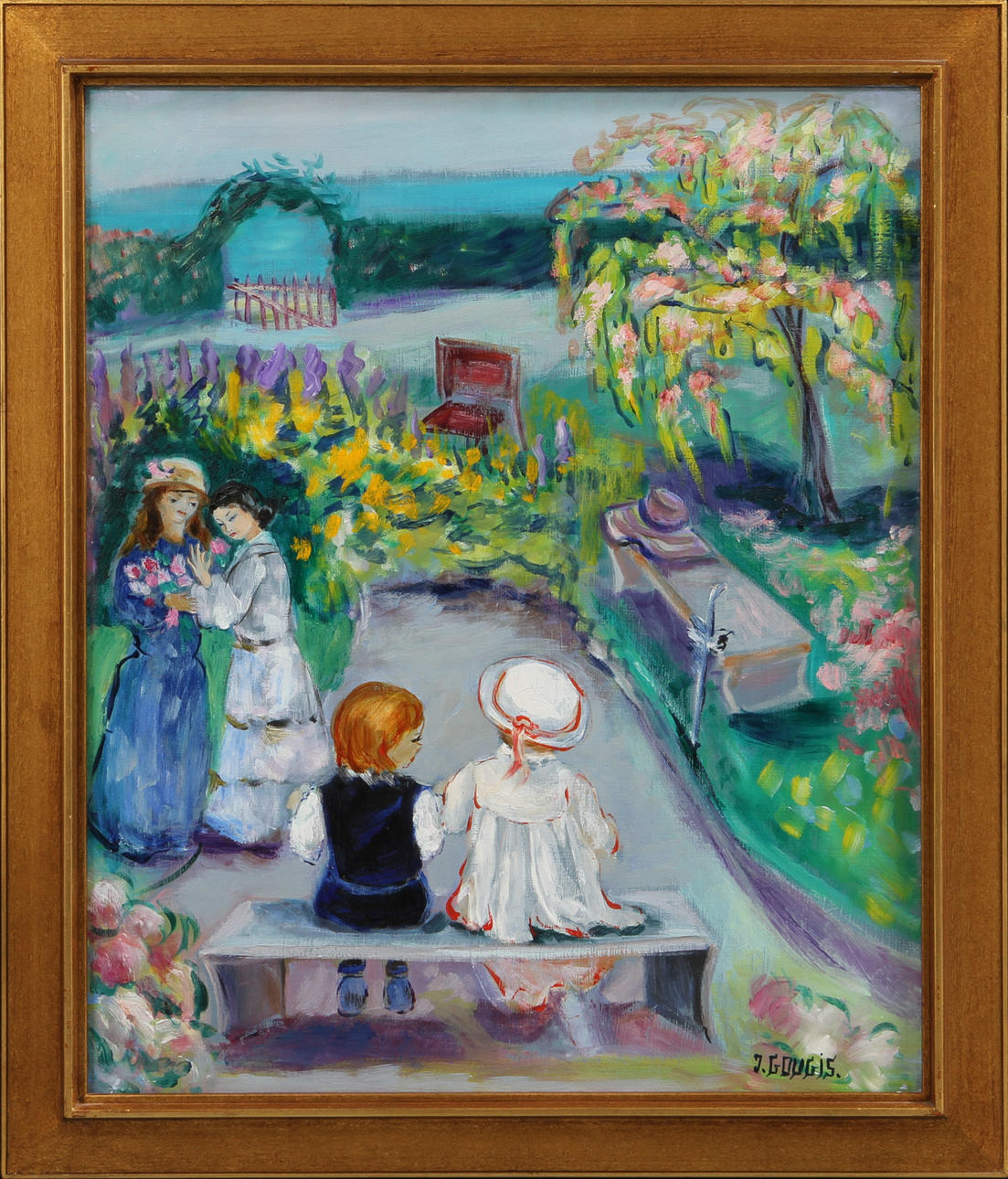 JAQUELINE GOUGIS. "Scene de vacances", olja på duk, signerad.