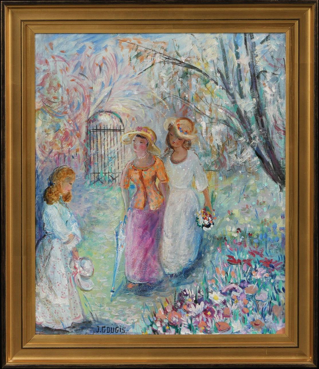 JAQUELINE GOUGIS. Figurscen, olja på duk, signerad.