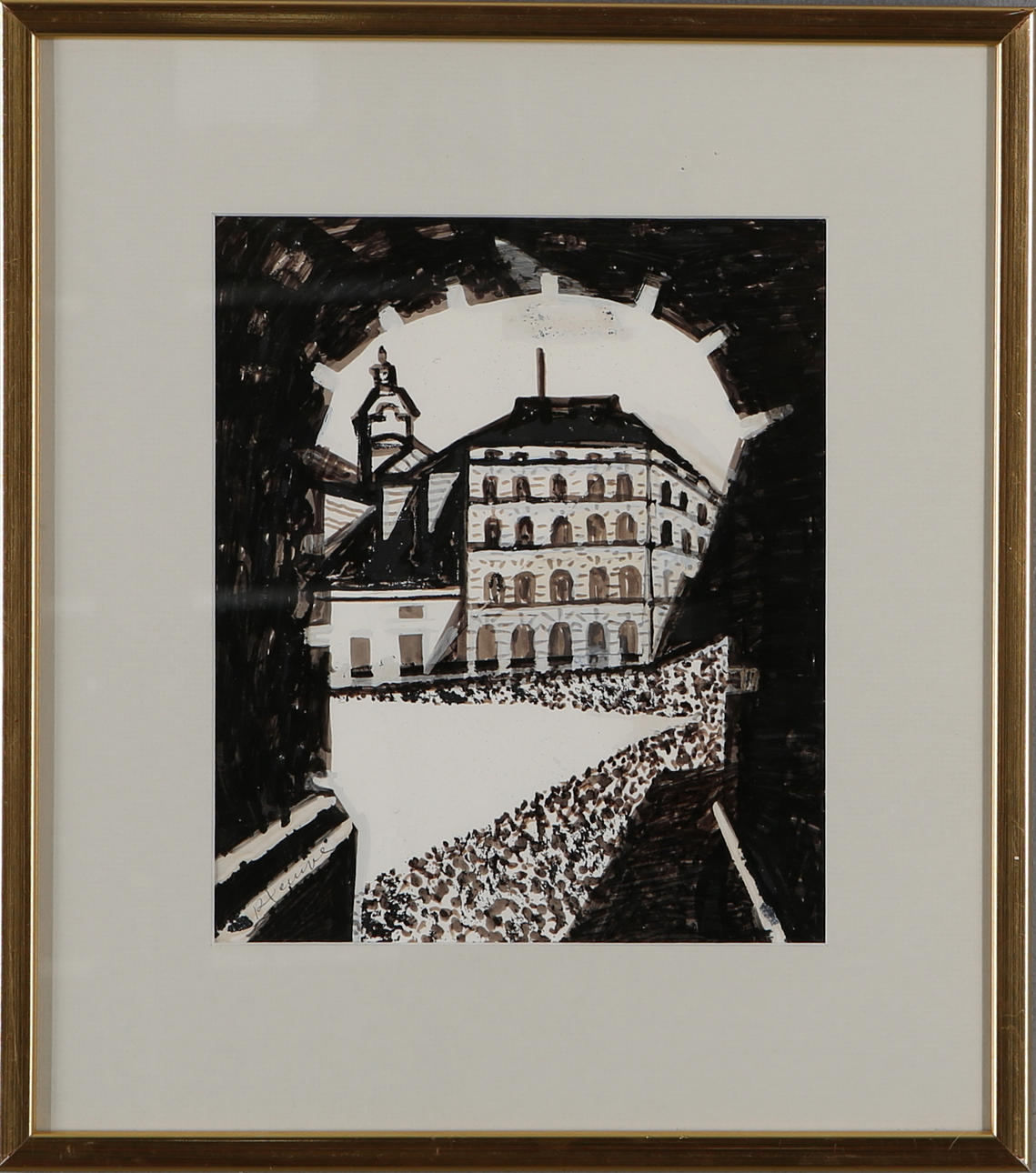 ROLAND KEMPE. Borggård, blandteknik, signerad.