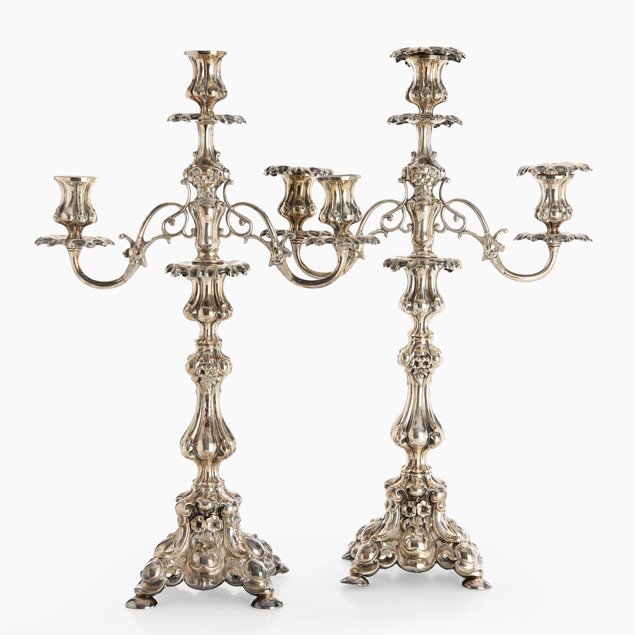 CANDELABRA, a pair, silver-plated, for three candles each, Rococo style, Germany, second half of the 19th century.
