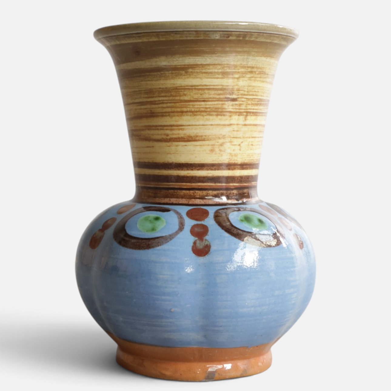 Unique vase in glazed earthenware, polychrome decoration. Produced and marked by Knabstrup Lervarefabrik. Denmark, mid-20th century.