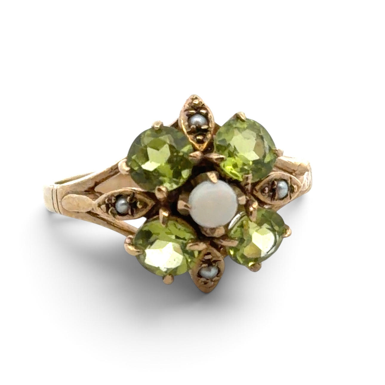 PERIDOT, OPAL AND PEARL FLOWER RING.