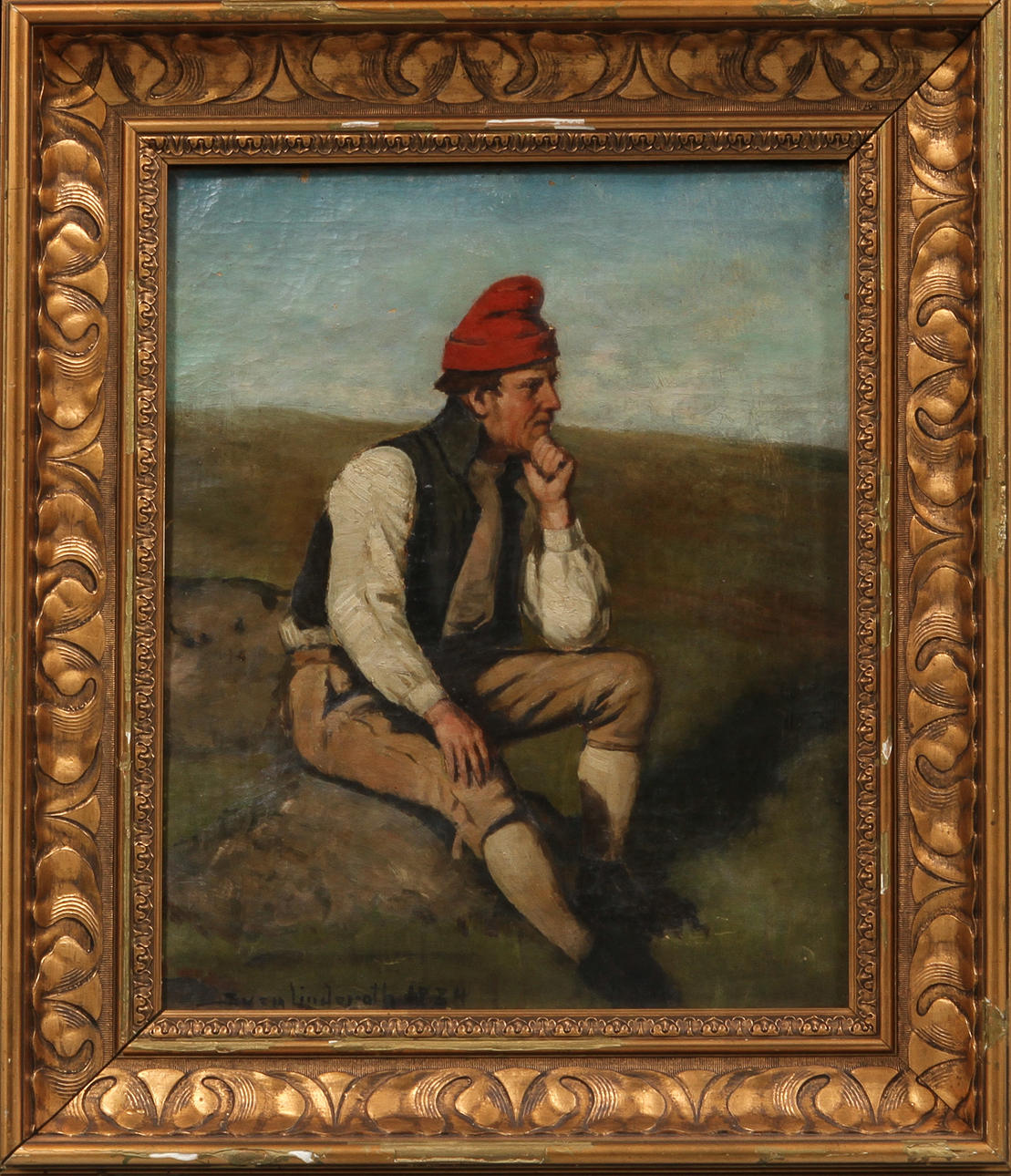 SVEN LINDEROTH. Man med röd mössa, olja på duk, sign och daterad 1884.