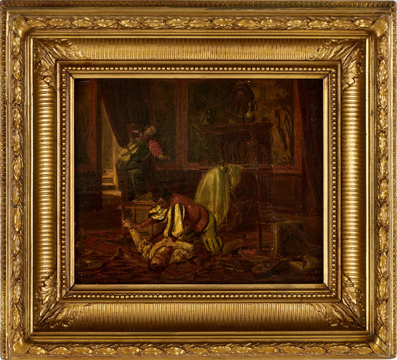 ALBRECHT ADAM (1786-1862) attributed, interior with dramatic figure scene, signed and dated with monogram 1860, oil on panel.