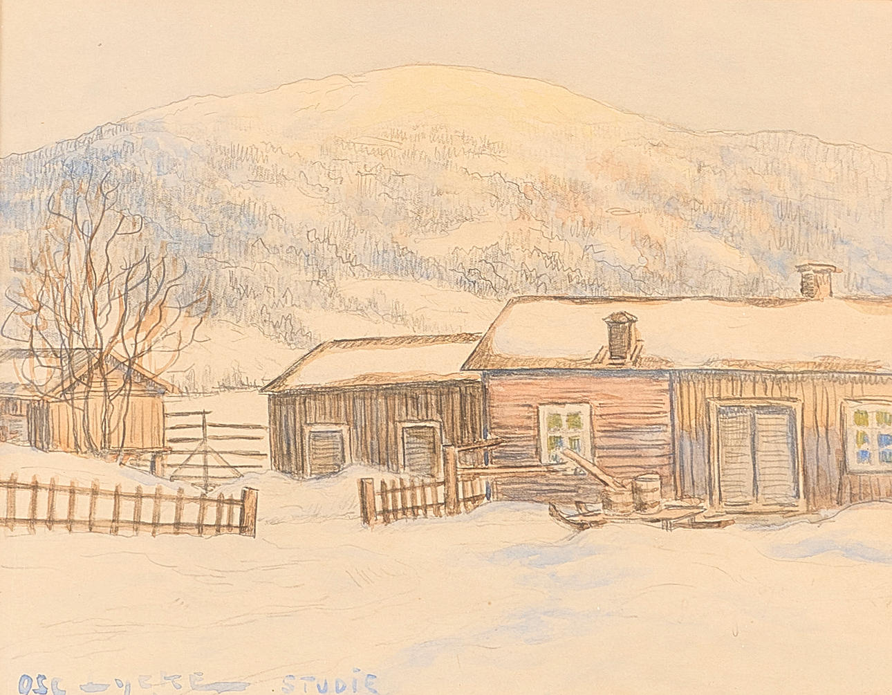 OSCAR LYCKE. Watercolor, study, farm landscape, signed.