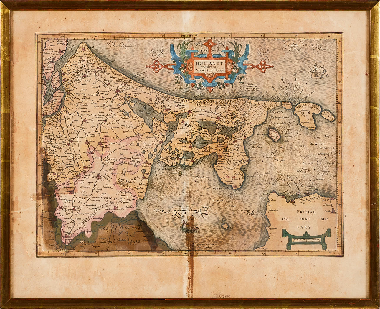 KARTA, Utrecht med omgivningar "Holland comitatus Utricht episcop" , 1600-tal. Kolorerad gravyr.