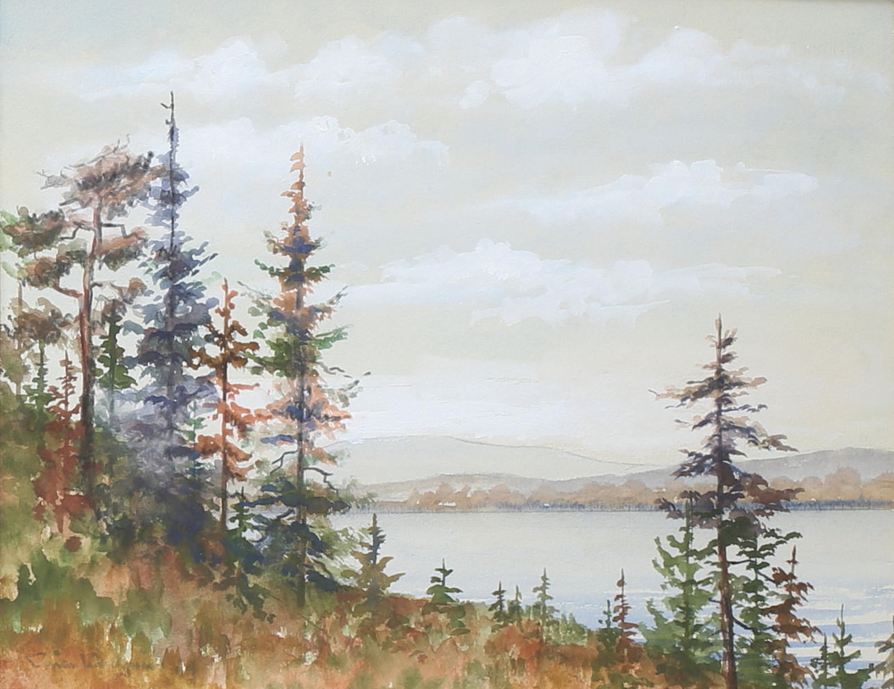 EINAR WALLQUIST. Insjölandskap med granar och tallar. Akvarell, signerad och daterad 69.