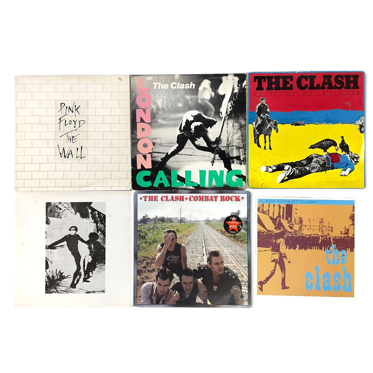 VINYSKIVOR, 6 st, The Clash - bl a inkl affisch, Pink Floyd, Bauhaus.