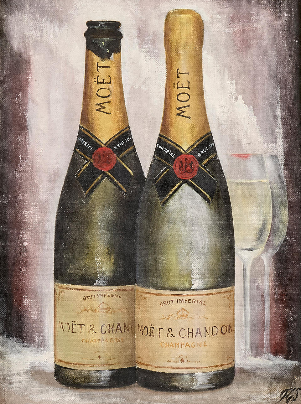 TOMMY G SUNDMAN. Oil painting, monogram signature, Moet Champagne, canvas.