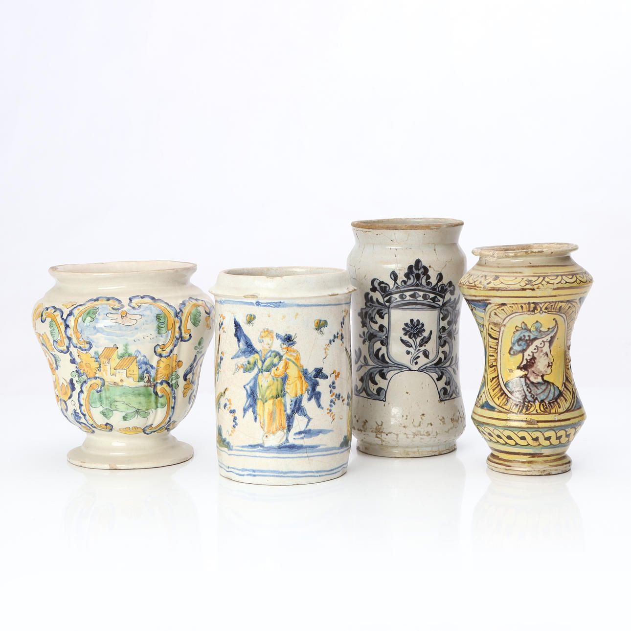 PHARMACY JARS, FOUR. Faience. 19th century or older.