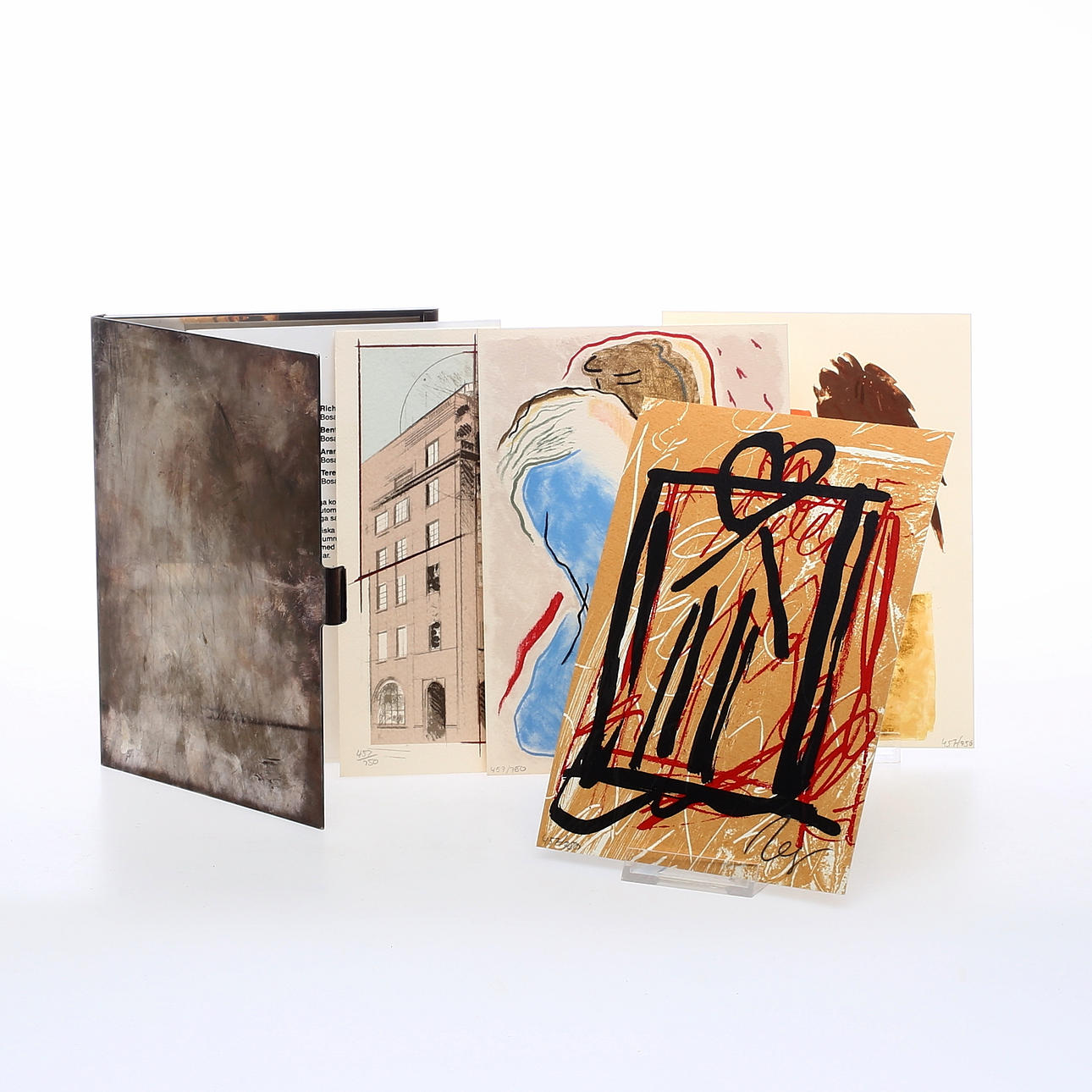 FÄRGLITOGRAFIER, 4 st, i etui av nysilver, bland annat Aramis Ney, Richard Davies, signerade samt numrerade 457/750.