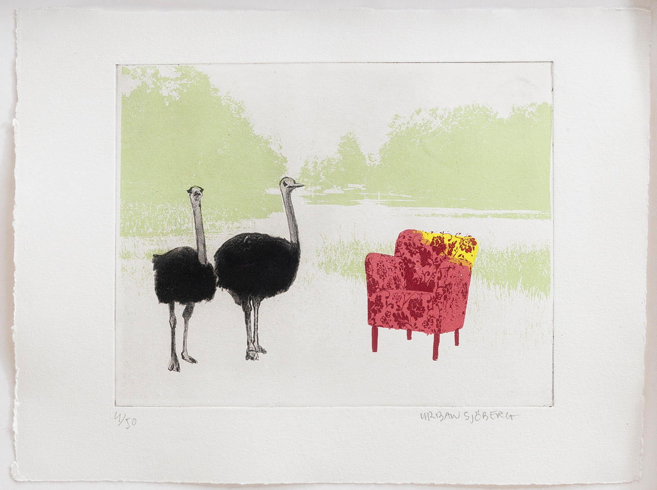 URBAN SJÖBERG. Composition with ostriches, etching partially colored, signed, numbered 4/50.