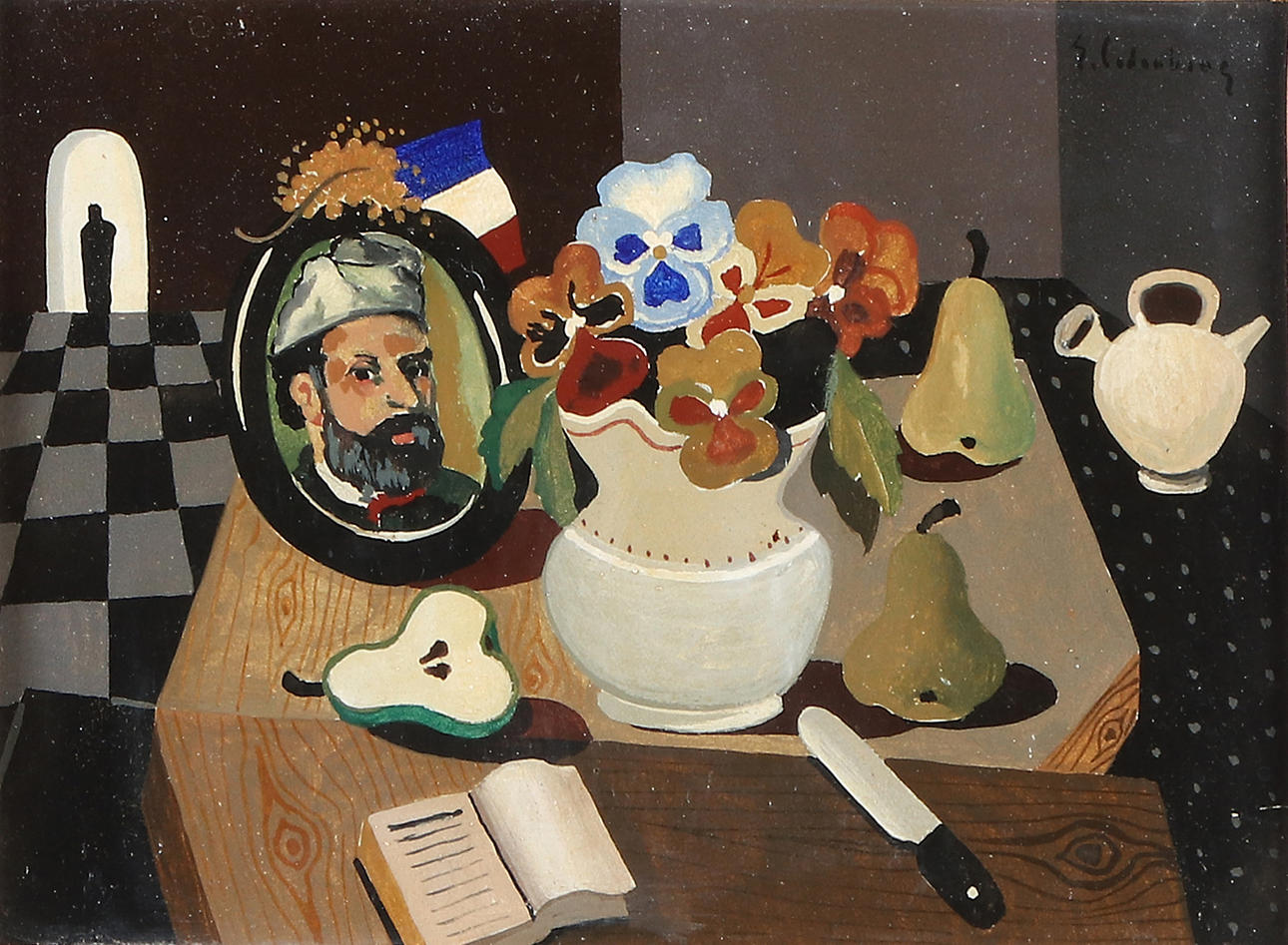ERIC CEDERBERG. Tempera. Still life with fruit and portrait. Signed.