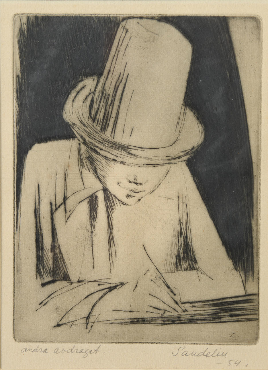BÖRJE SANDELIN. Man in top hat, etching, signed & dated -54.