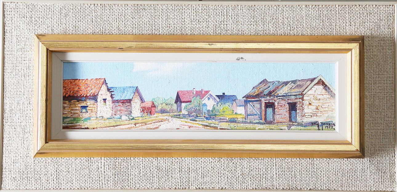 STIG JONZON. Bygata, Nygård, Källa, Öland, olja på pannå, signerad och daterad.