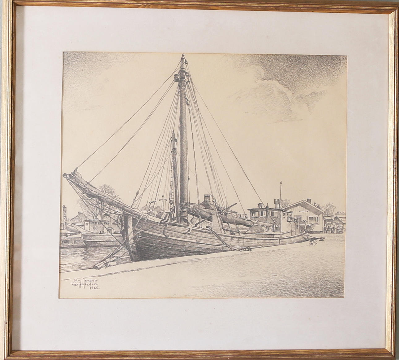 STIG JONZON. Hamnen i Färjestaden, teckning, signerad och daterad 1960.